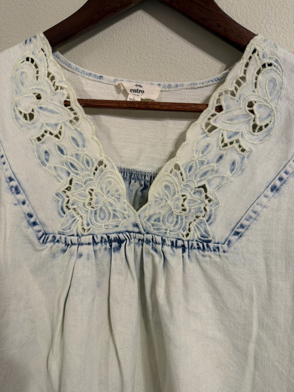 Entro Chambray Denim Blouse Lace Puff Sleeve Cottagecore Boho Women’s L - Picture 3 of 8